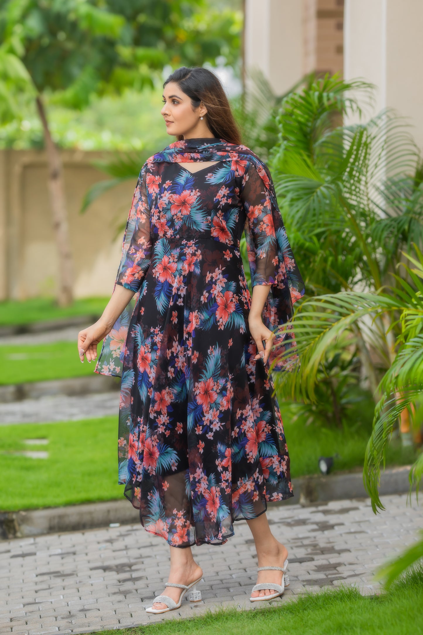 Black Floral Printed Faux Georgette Maxi Dress with Dupatta