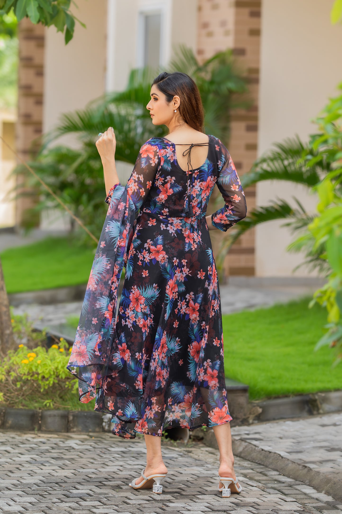 Black Floral Printed Faux Georgette Maxi Dress with Dupatta