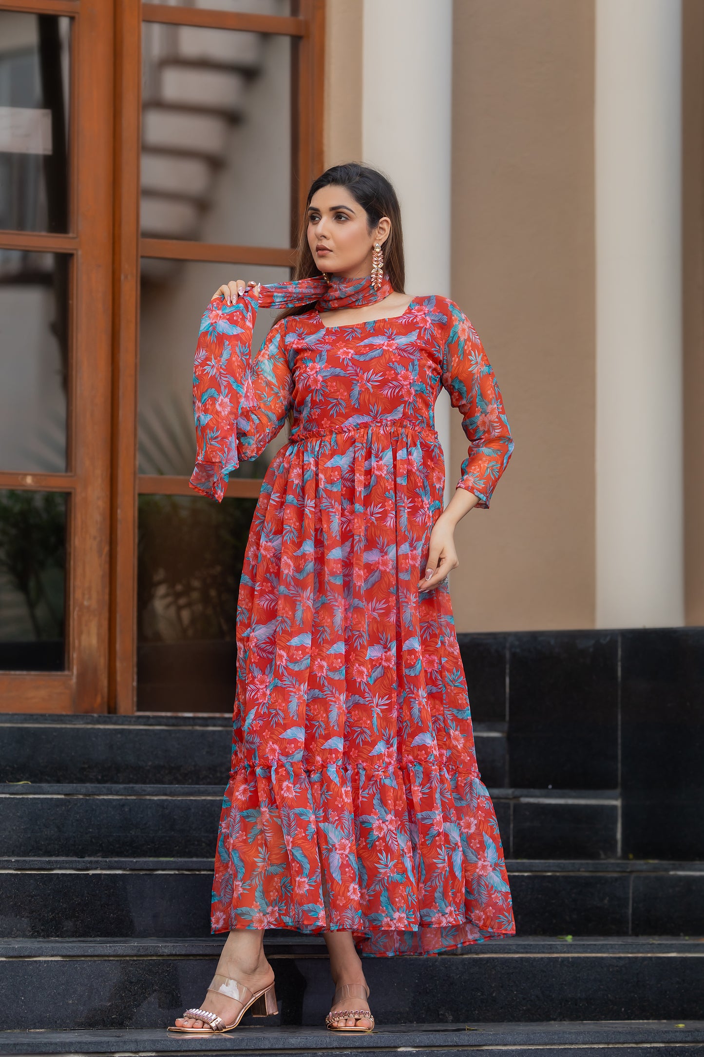 Orangey Red Floral Printed Faux Georgette Maxi Dress with Dupatta