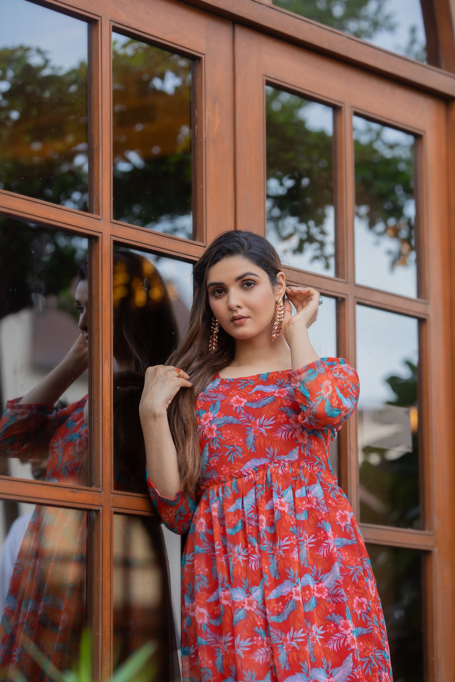 Orangey Red Floral Printed Faux Georgette Maxi Dress with Dupatta