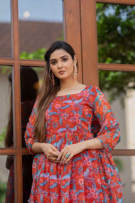 Orangey Red Floral Printed Faux Georgette Maxi Dress with Dupatta