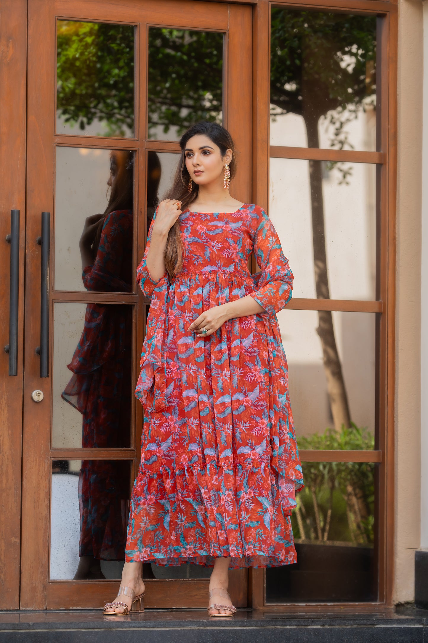 Orangey Red Floral Printed Faux Georgette Maxi Dress with Dupatta