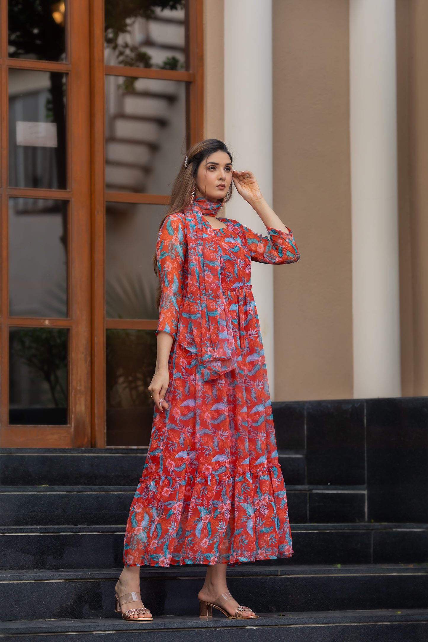 Orangey Red Floral Printed Faux Georgette Maxi Dress with Dupatta