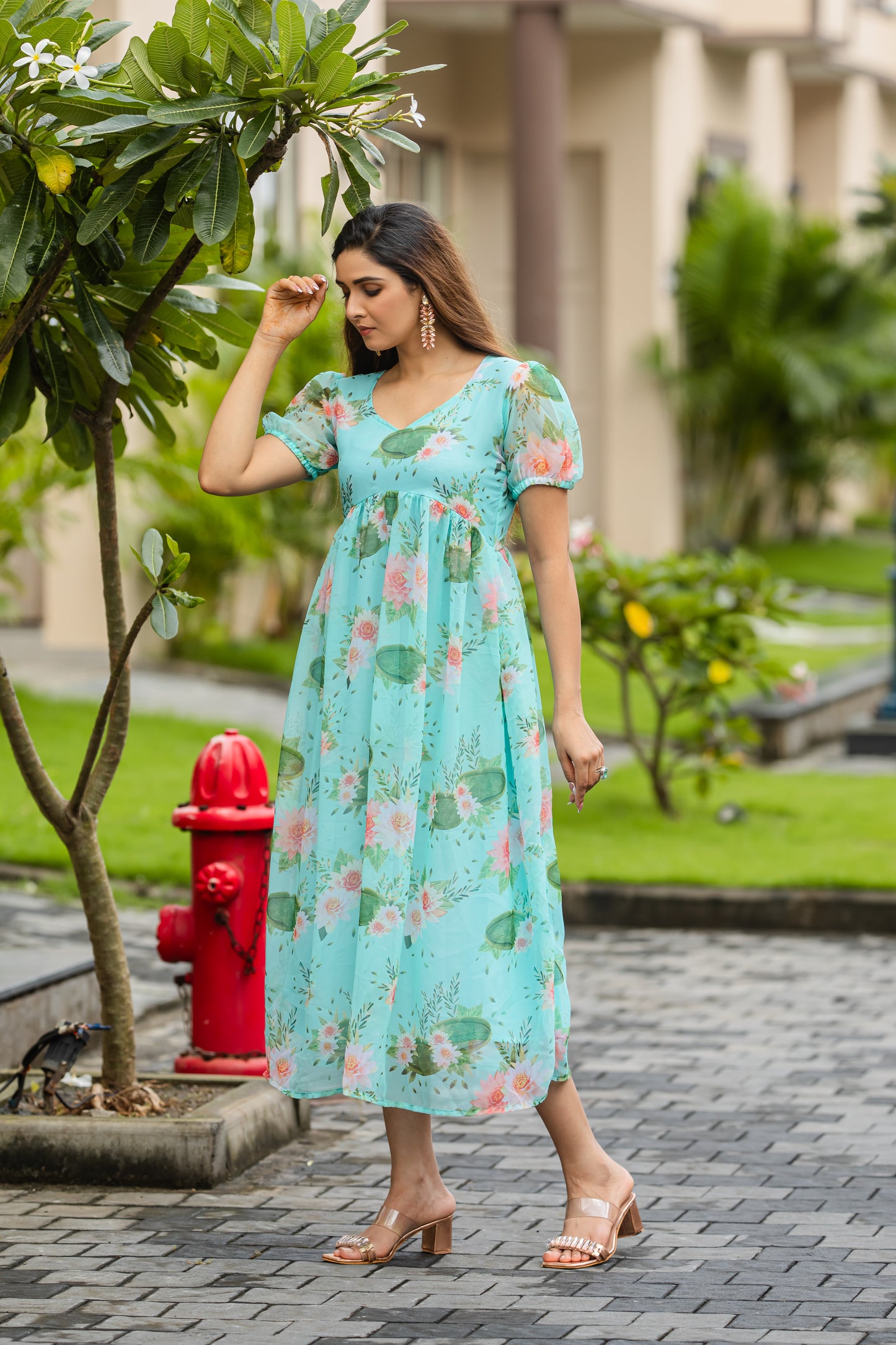 Cyan Blue Floral Printed Faux Georgette Maxi Dress