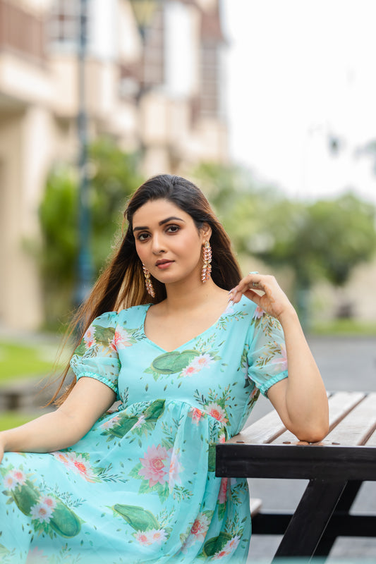 Cyan Blue Floral Printed Faux Georgette Maxi Dress