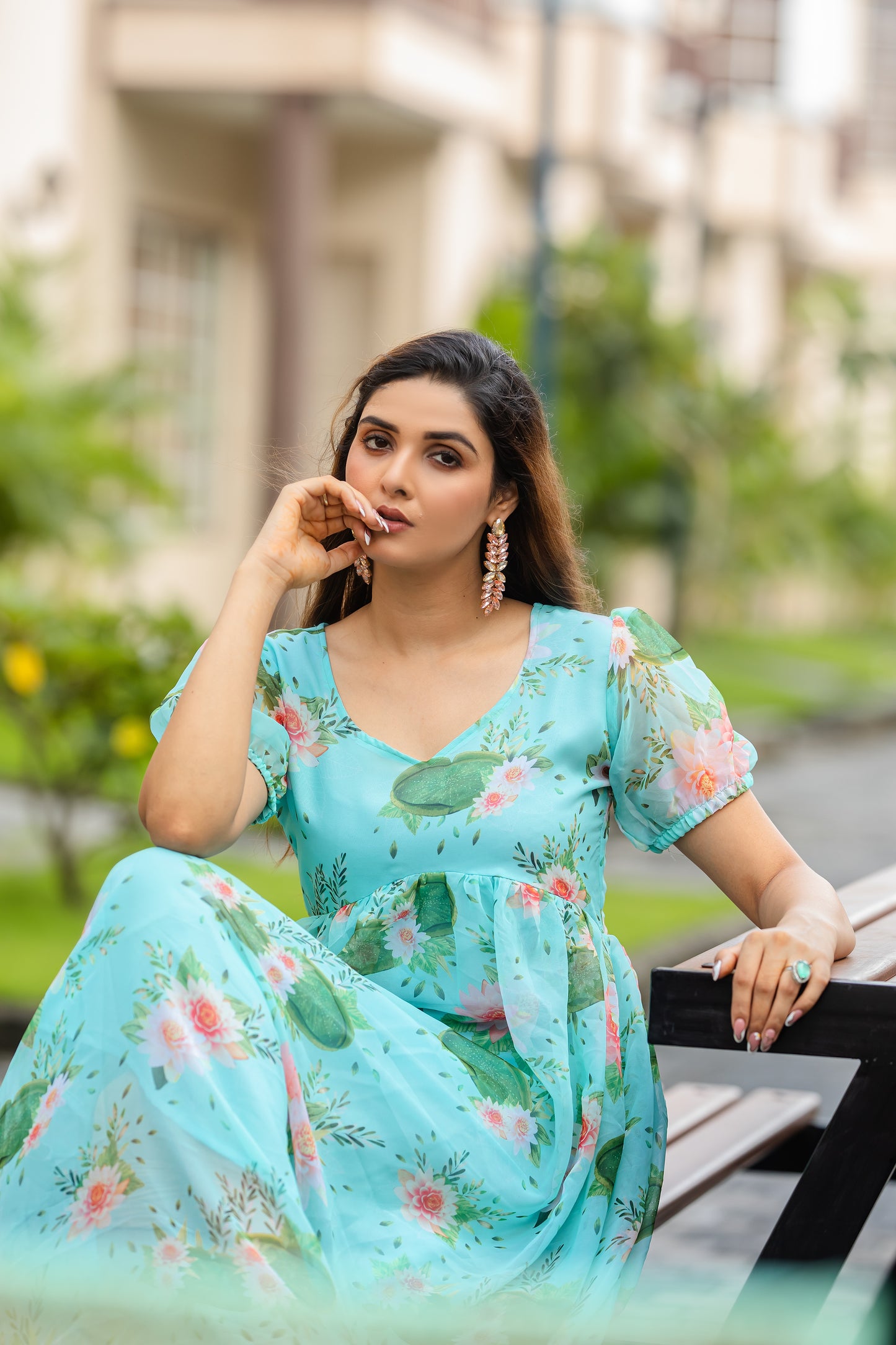 Cyan Blue Floral Printed Faux Georgette Maxi Dress