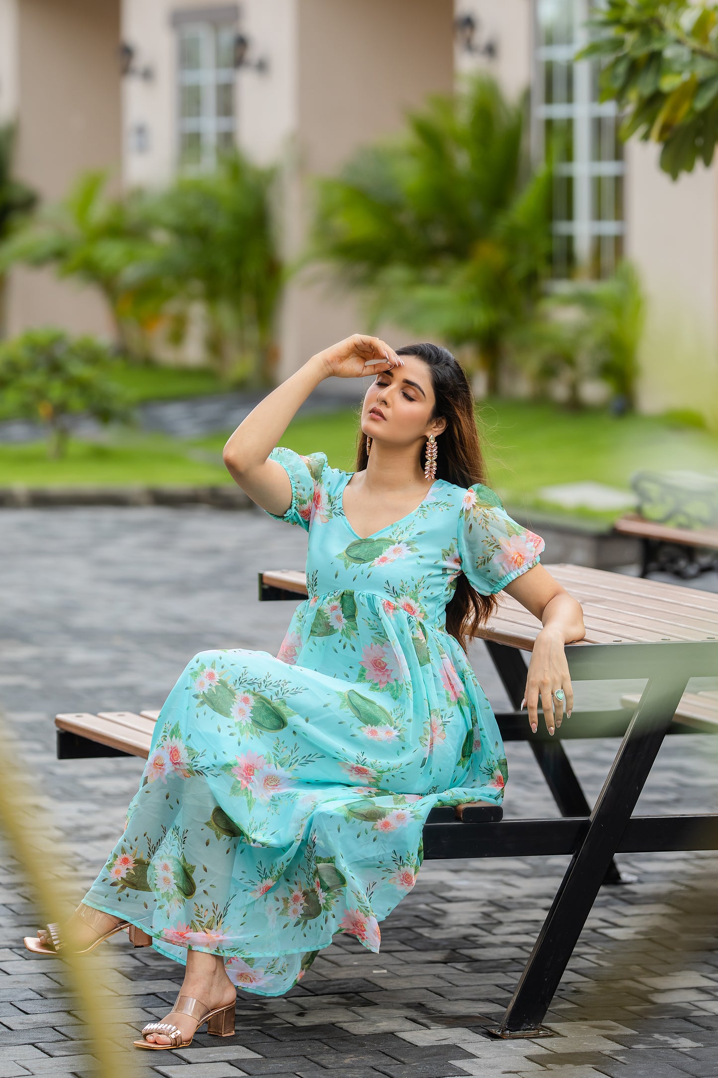 Cyan Blue Floral Printed Faux Georgette Maxi Dress