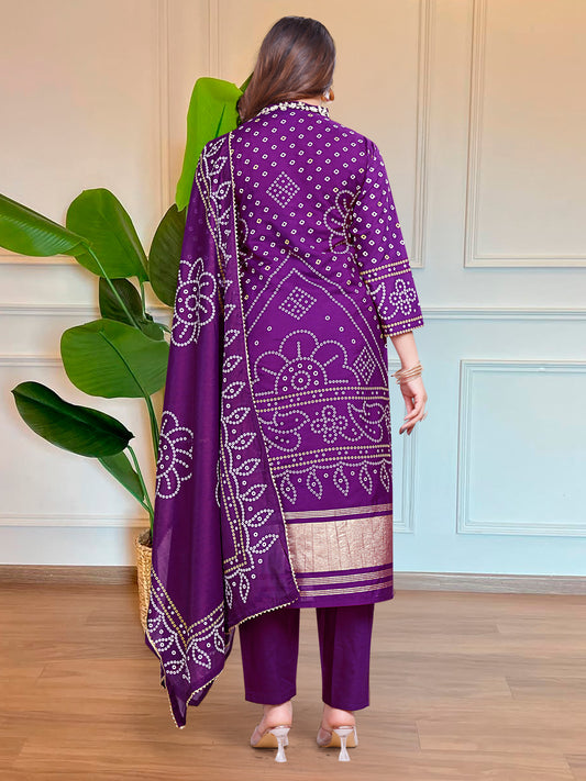 Purple Bandhani Print Embroidered Kurta Pant Dupatta Set – Ethnic Women's Suit for Festive & Wedding Wear
