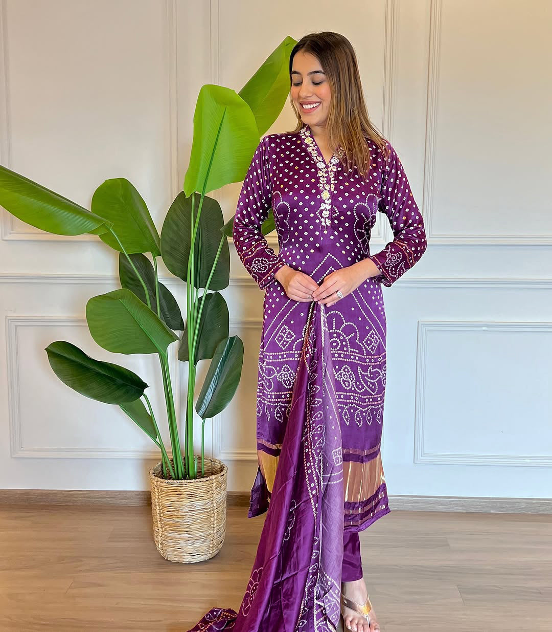 Purple Bandhani Print Embroidered Kurta Pant Dupatta Set β Ethnic Women's Suit for Festive & Wedding Wear