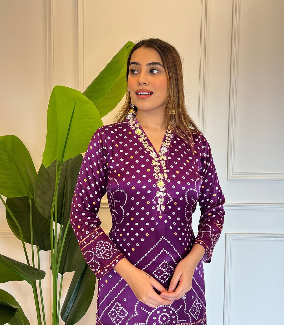 Purple Bandhani Print Embroidered Kurta Pant Dupatta Set β Ethnic Women's Suit for Festive & Wedding Wear