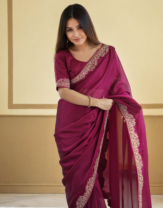Magenta Silk Saree with Lace Work and Matching Blouse Piece