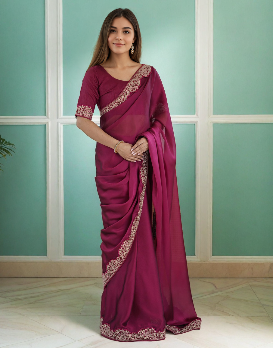 Magenta Silk Saree with Lace Work and Matching Blouse Piece