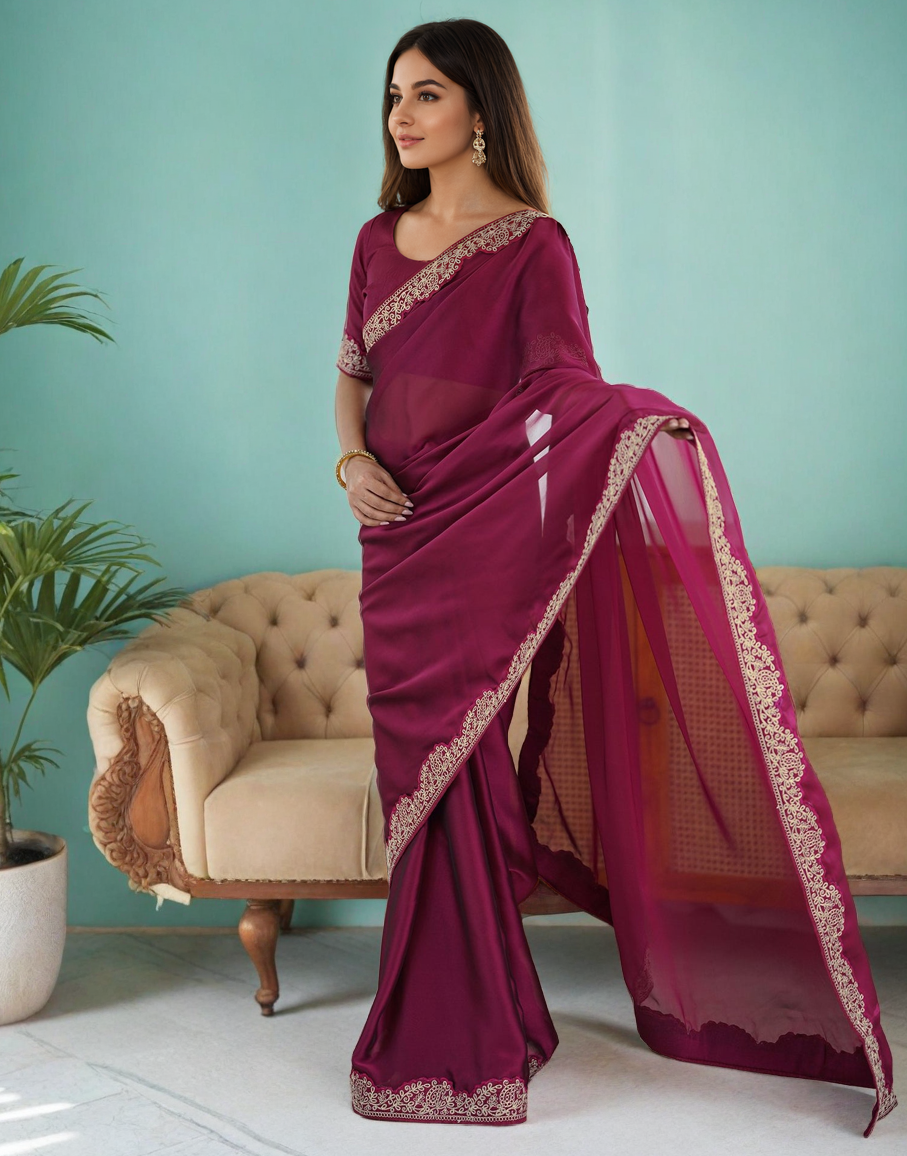 Magenta Silk Saree with Lace Work and Matching Blouse Piece