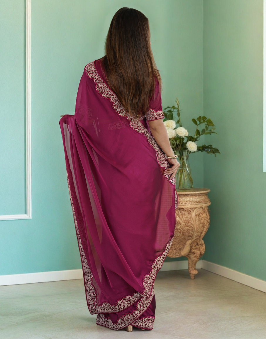 Magenta Silk Saree with Lace Work and Matching Blouse Piece