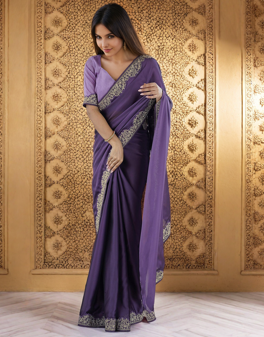 Lavender Silk Saree with Lace Work and Matching Blouse Piece