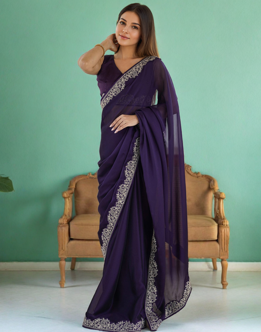 Purple Silk Saree with Lace Work and Matching Blouse Piece