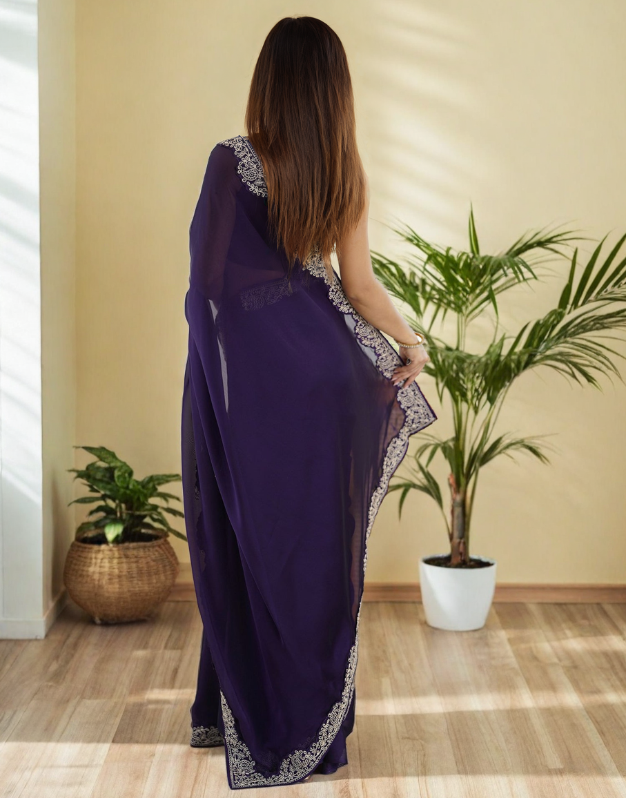 Purple Silk Saree with Lace Work and Matching Blouse Piece