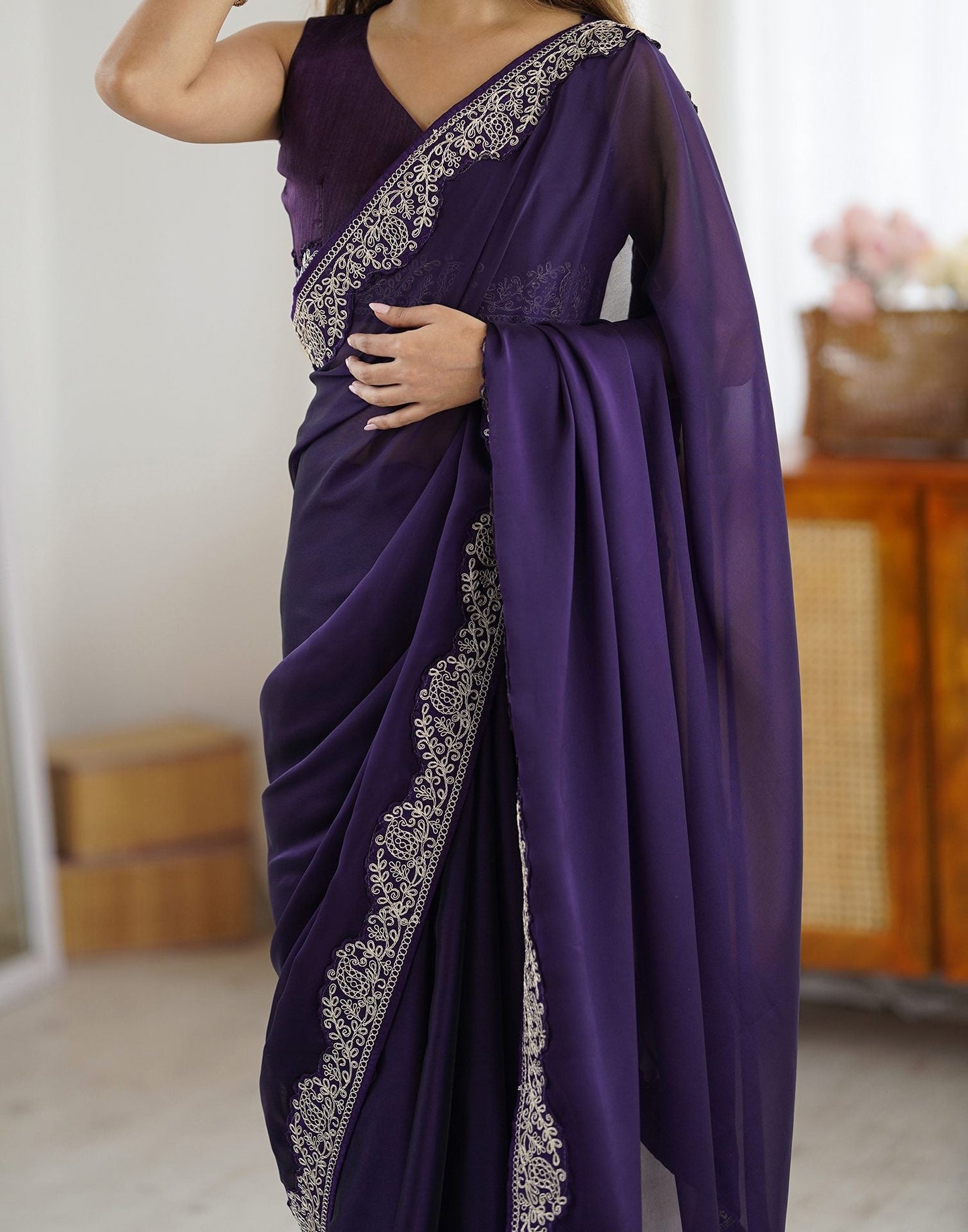 Purple Silk Saree with Lace Work and Matching Blouse Piece