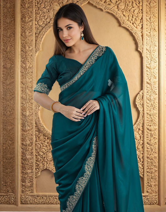 Bluish Cyan Silk Saree with Lace Work and Matching Blouse Piece