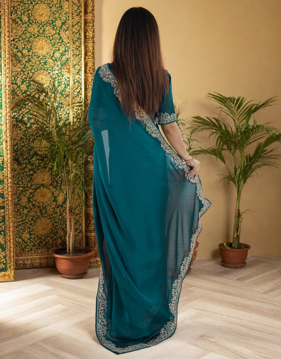 Bluish Cyan Silk Saree with Lace Work and Matching Blouse Piece
