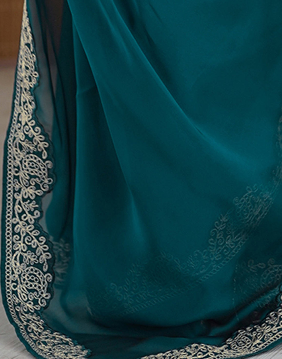 Bluish Cyan Silk Saree with Lace Work and Matching Blouse Piece