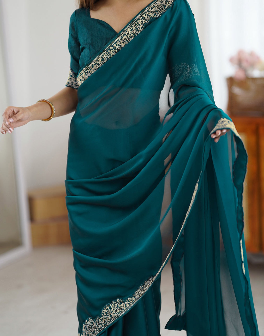 Bluish Cyan Silk Saree with Lace Work and Matching Blouse Piece