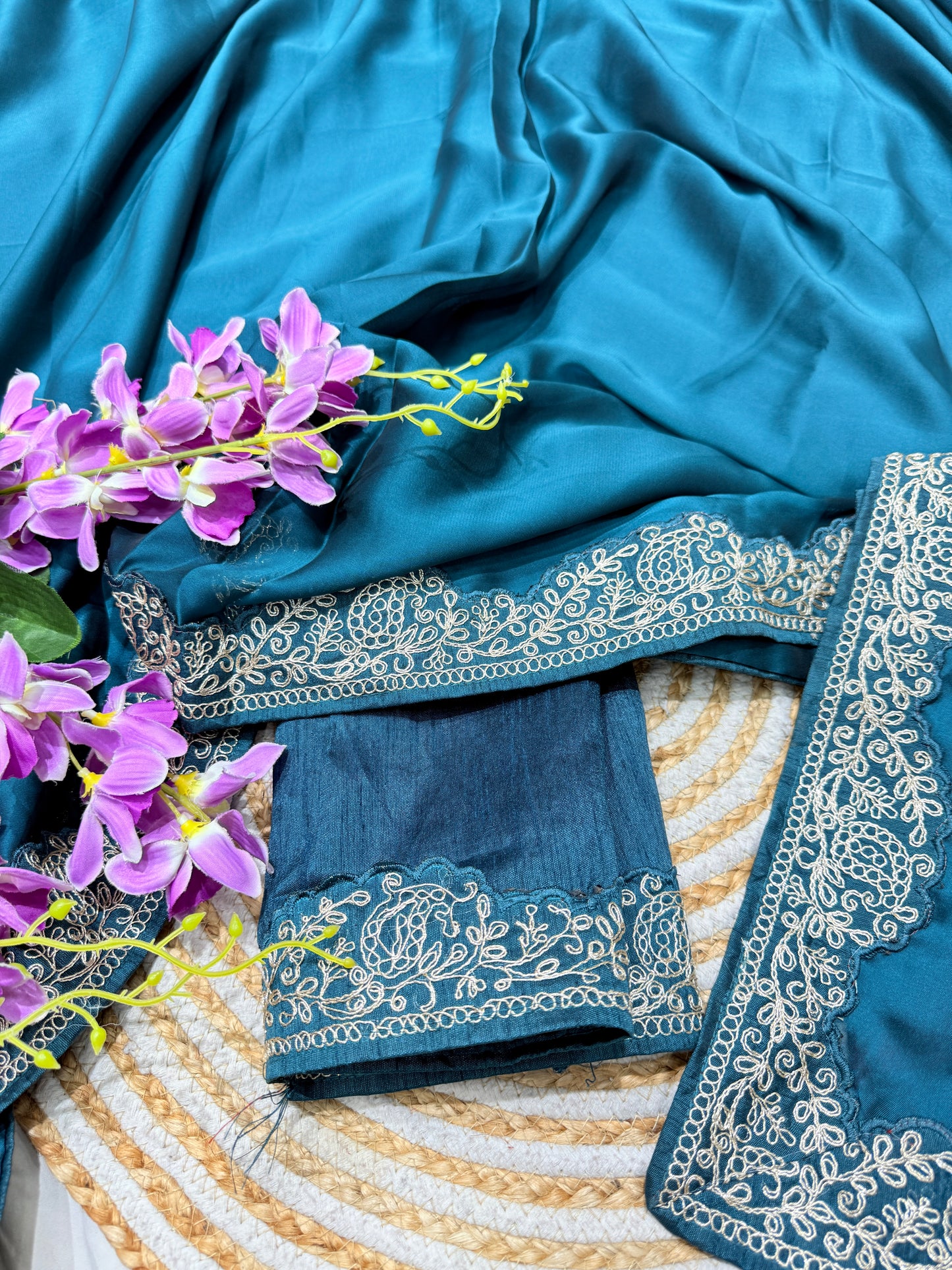 Bluish Cyan Silk Saree with Lace Work and Matching Blouse Piece