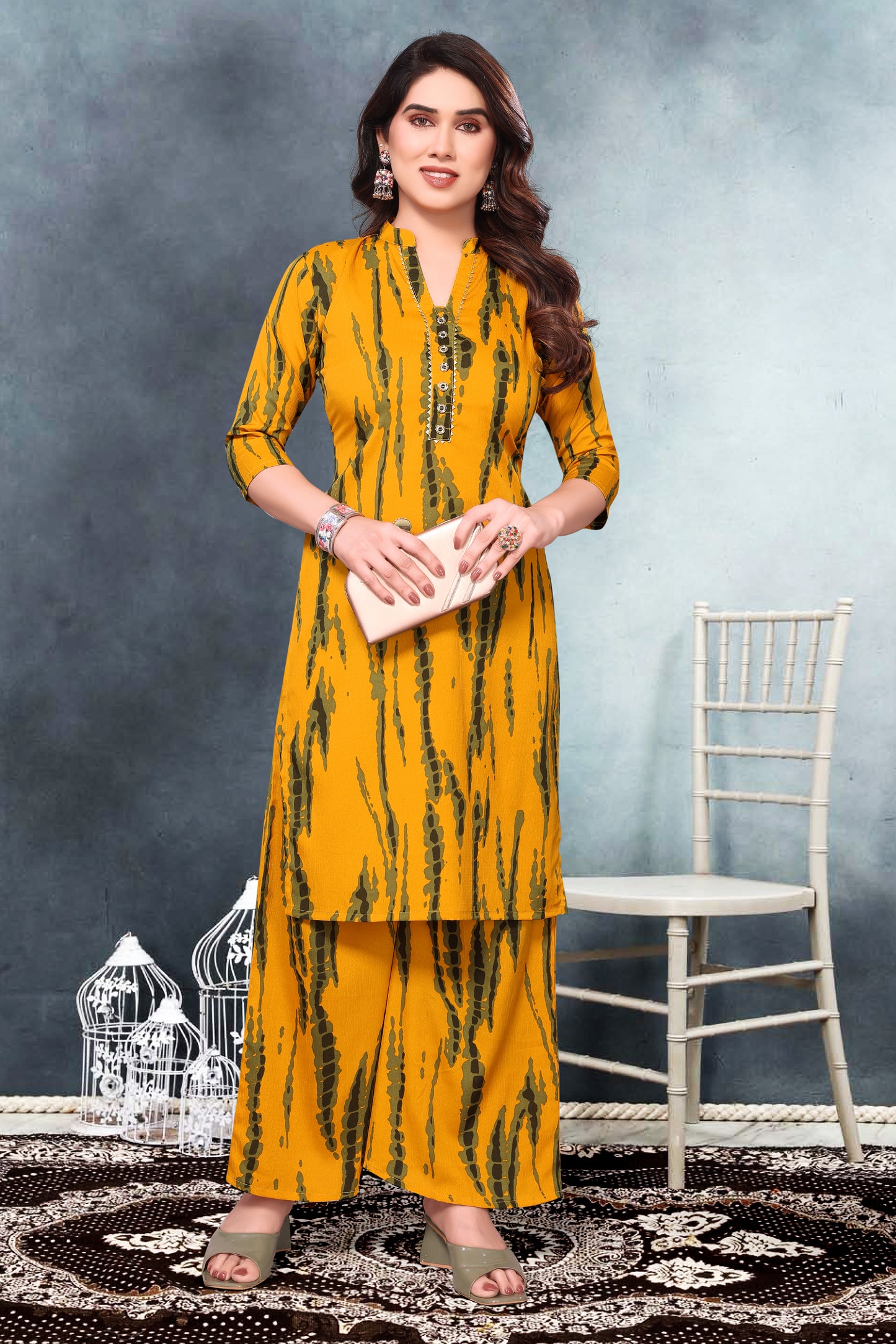 Mustard Abstract Print Co-Ord Set in Poly Cotton Fabric