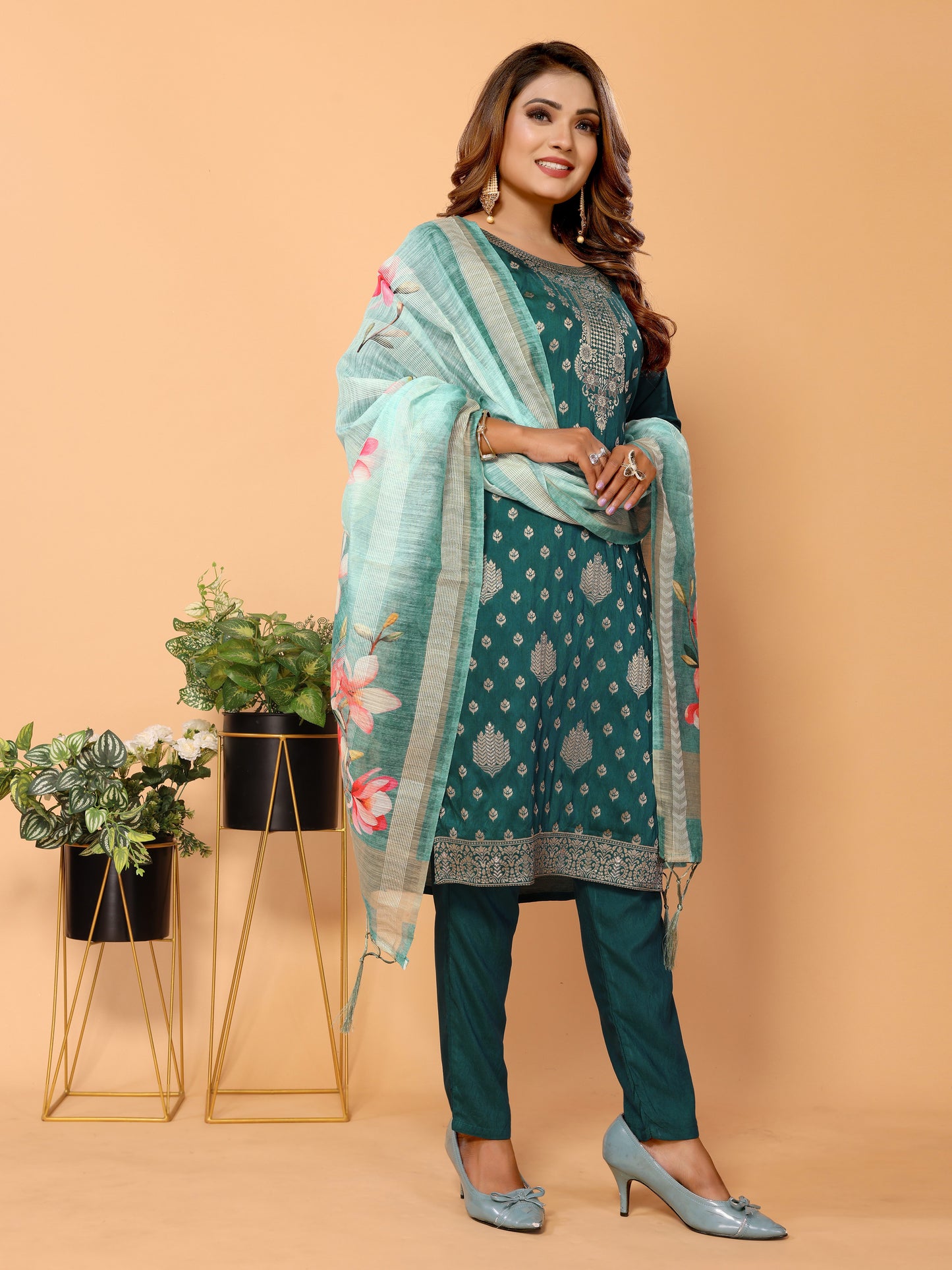 Cyan Ethnic Motifs Woven Design Kurta set with Dupatta