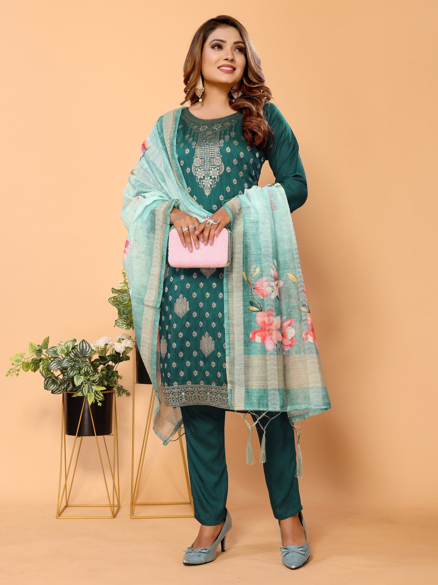 Cyan Ethnic Motifs Woven Design Kurta set with Dupatta