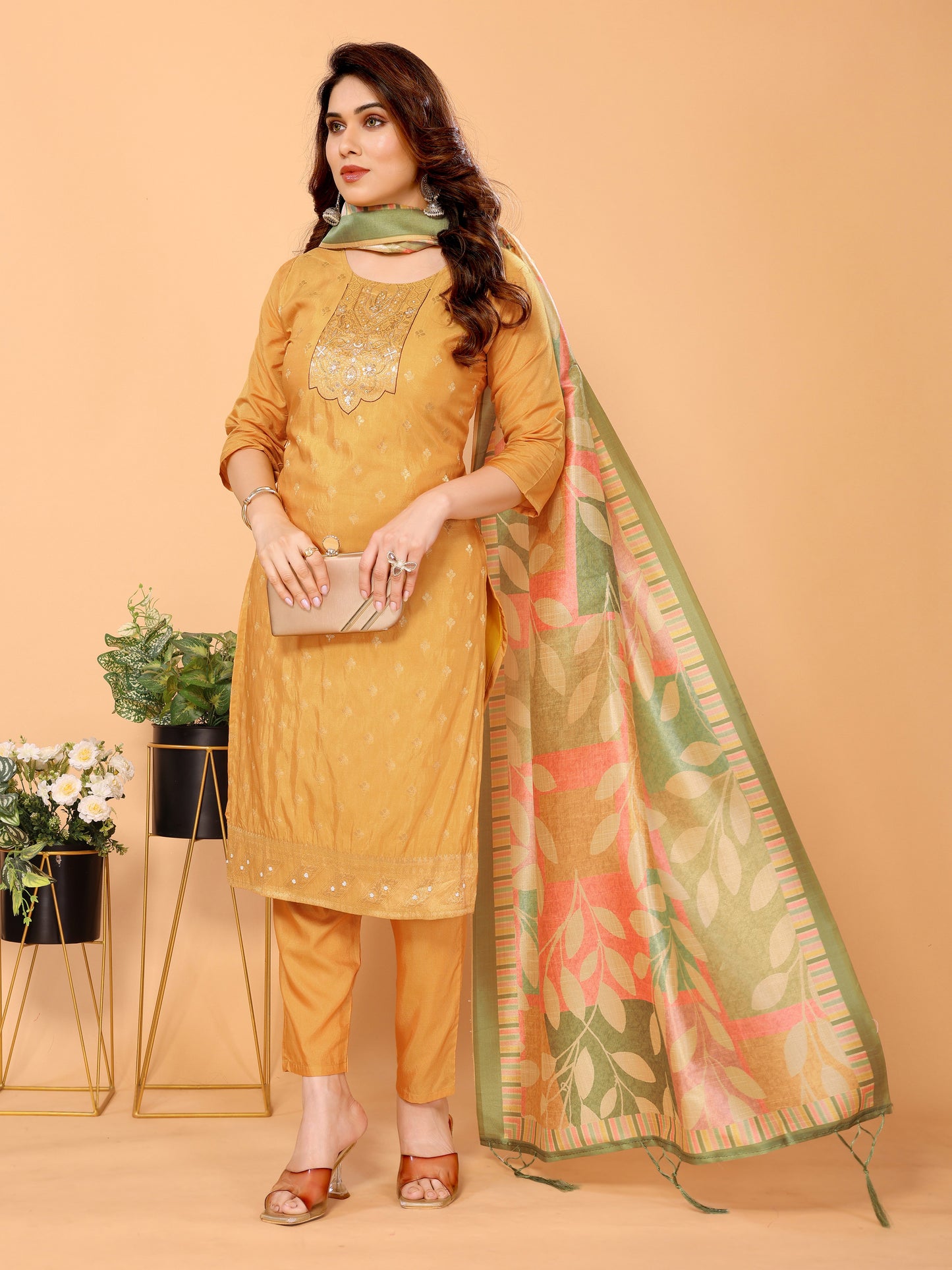 Mustard Ethnic Motifs Viscose Kurta set with Dupatta