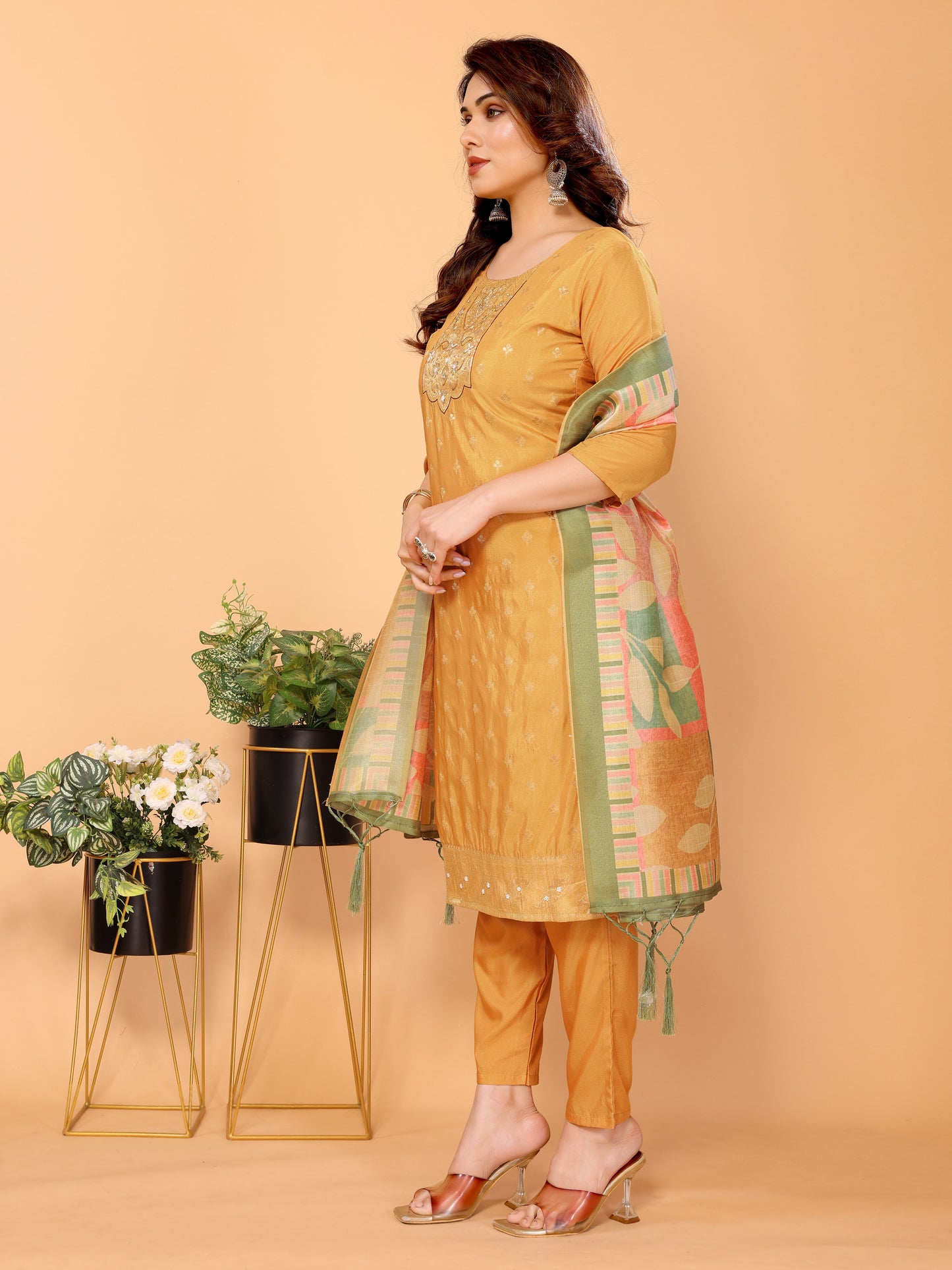 Mustard Ethnic Motifs Viscose Kurta set with Dupatta