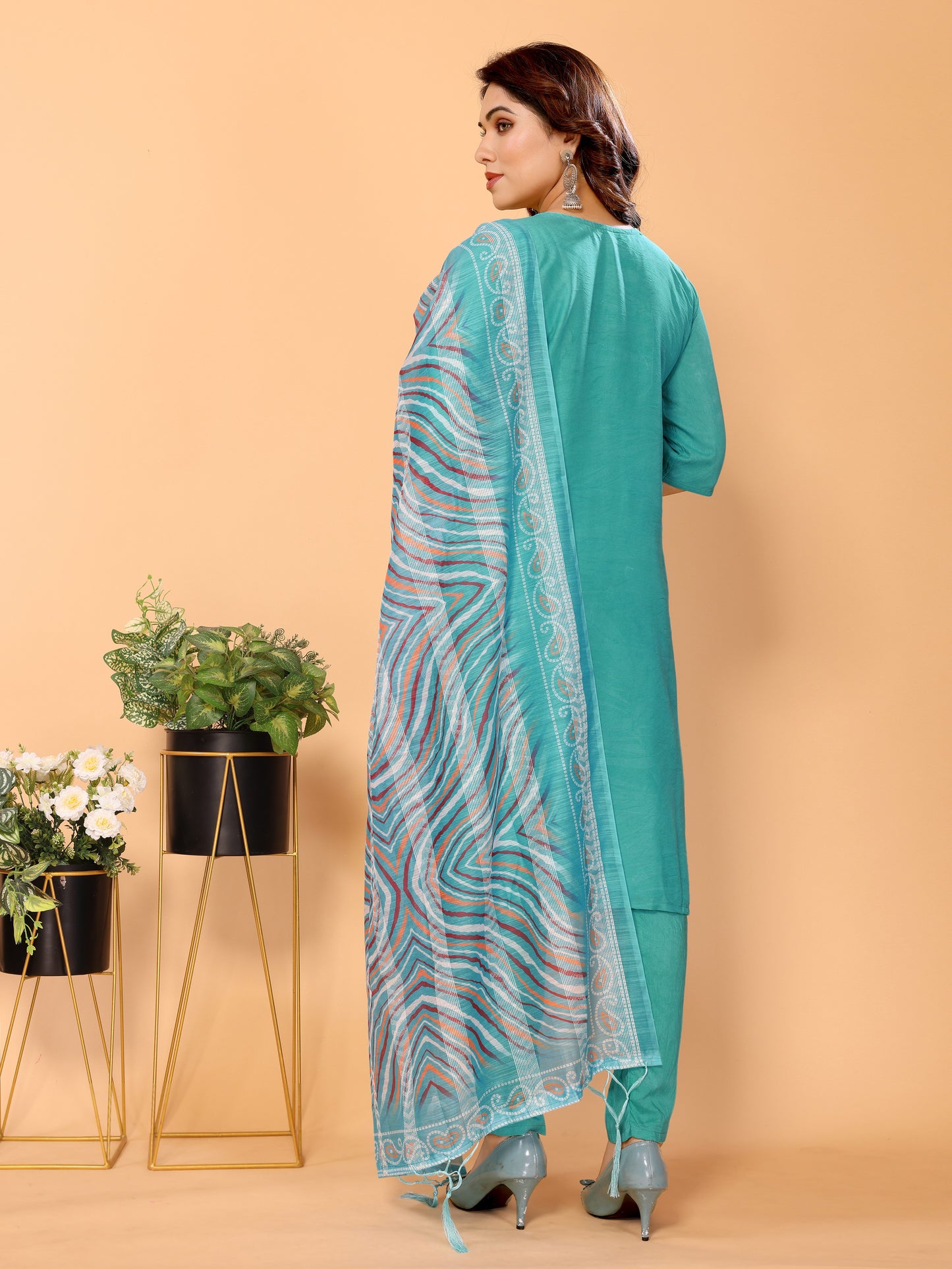 Blue Floral Woven Design Viscose Kurta set with Dupatta