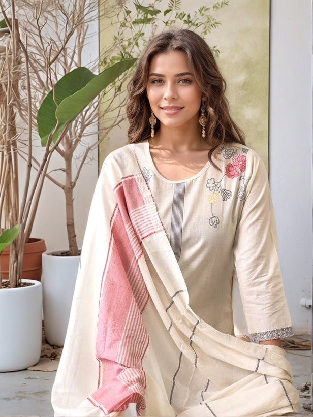 Off-White Jacquard Work Kurta Set with Dupatta β Stylish Ethnic Ensemble