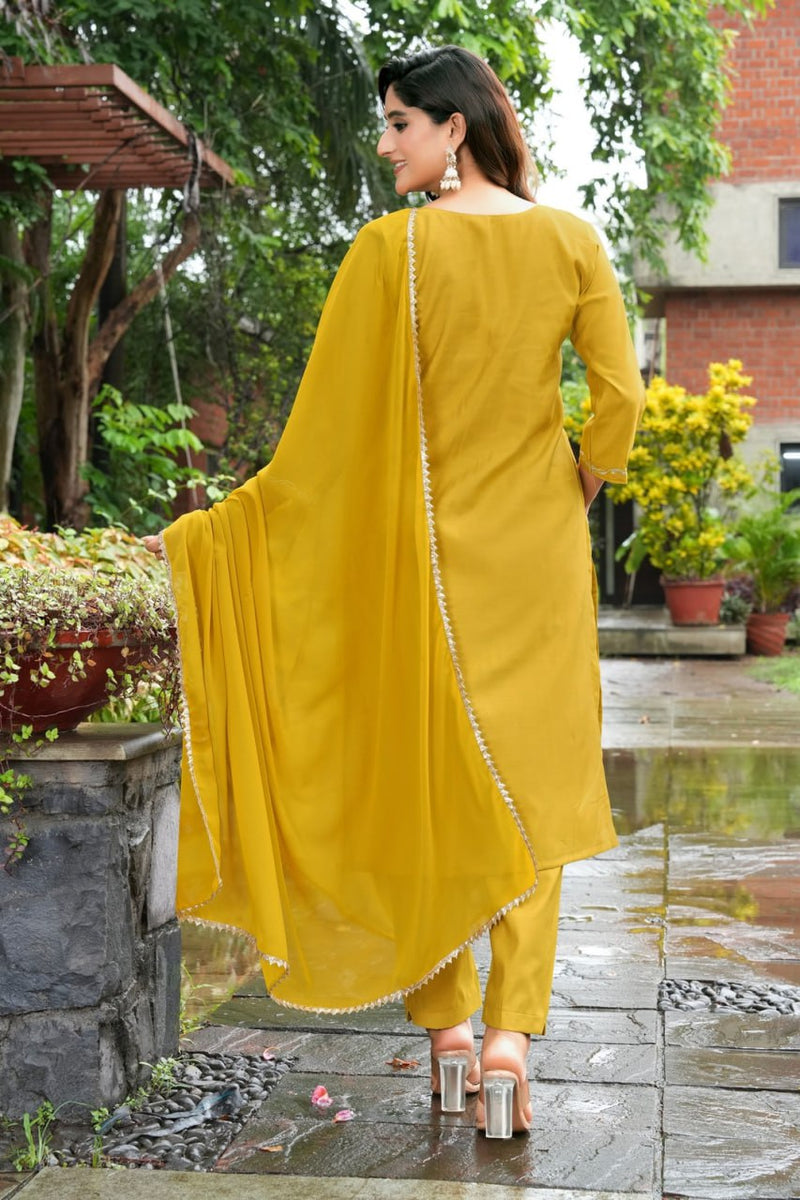 Mustard Yellow Embroidered Roman Silk Suit Set with Georgette Dupatta