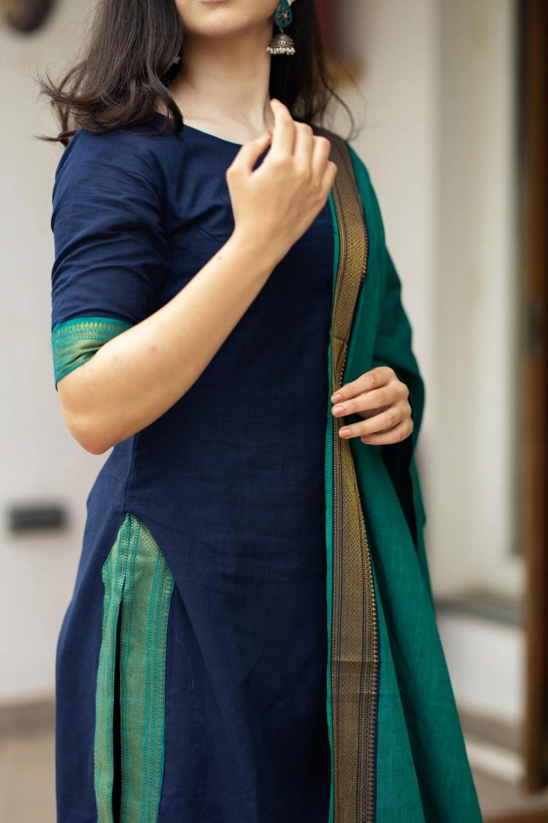 Royal Navy Blue Viscose Suit Set with Banarasi Chanderi Dupatta