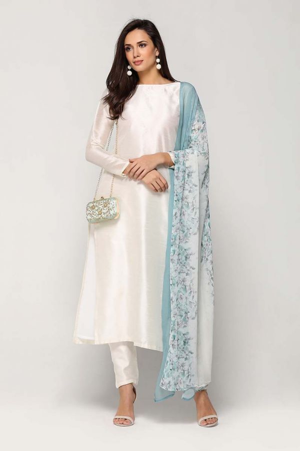 Cream Monsoon Suit Set with Floral Chanderi Dupatta