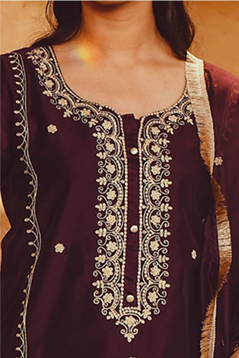 Royal Maroon Embroidered Chanderi Suit Set with Elegant Dupatta