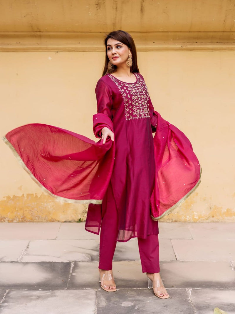 Luxury Rani Pink Embroidered Roman Suit Set with Chanderi Dupatta