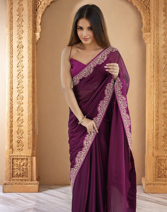 Dark Wine Silk Saree with Lace Work and Matching Blouse Piece