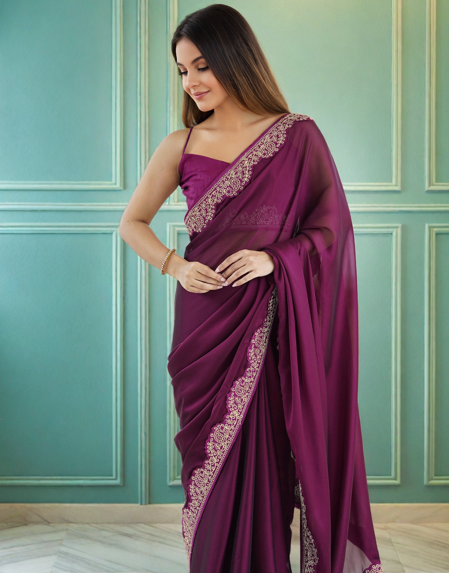 Dark Wine Silk Saree with Lace Work and Matching Blouse Piece