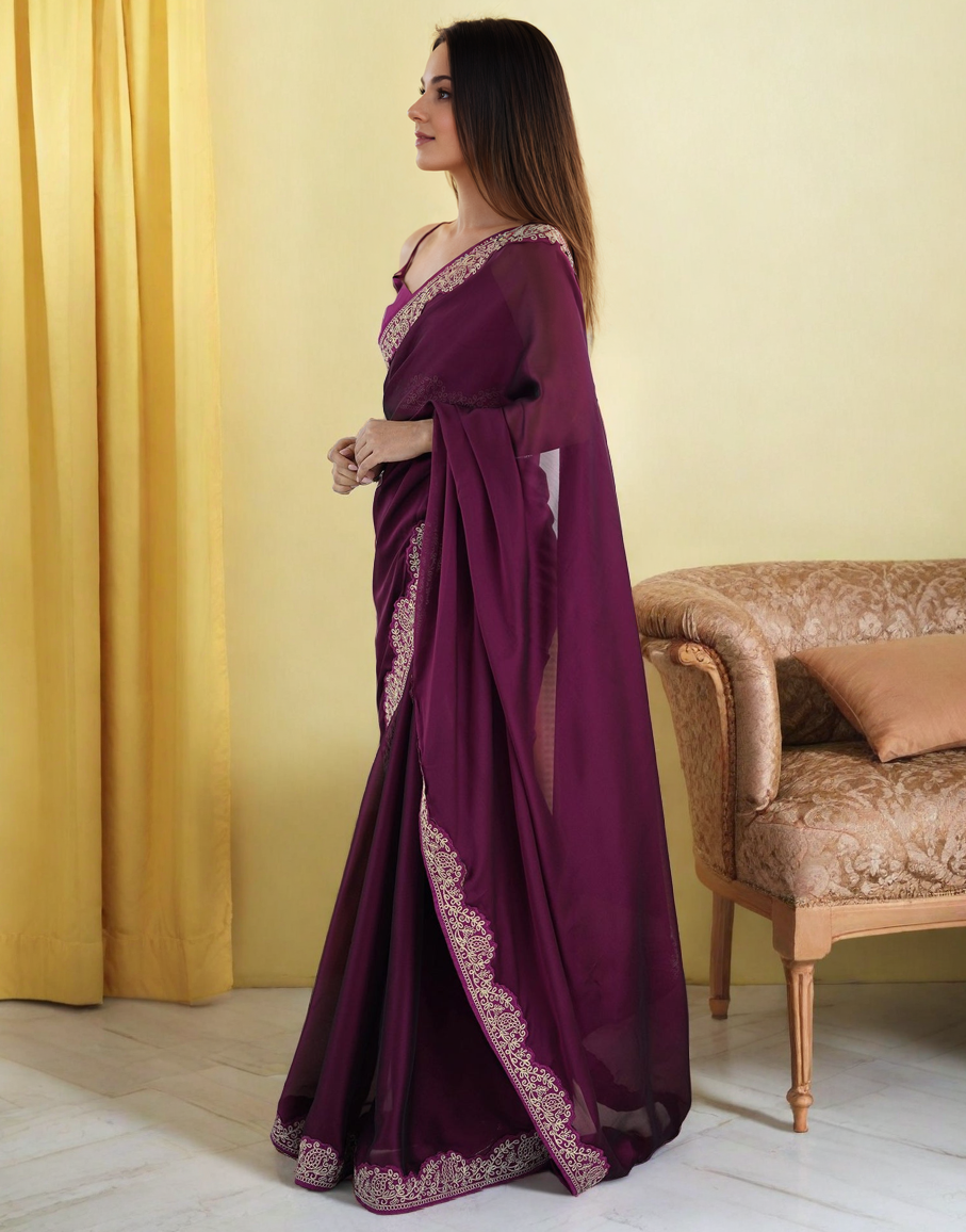 Dark Wine Silk Saree with Lace Work and Matching Blouse Piece