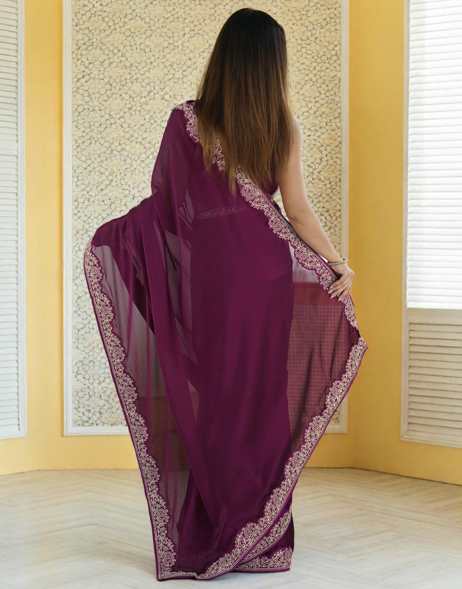 Dark Wine Silk Saree with Lace Work and Matching Blouse Piece