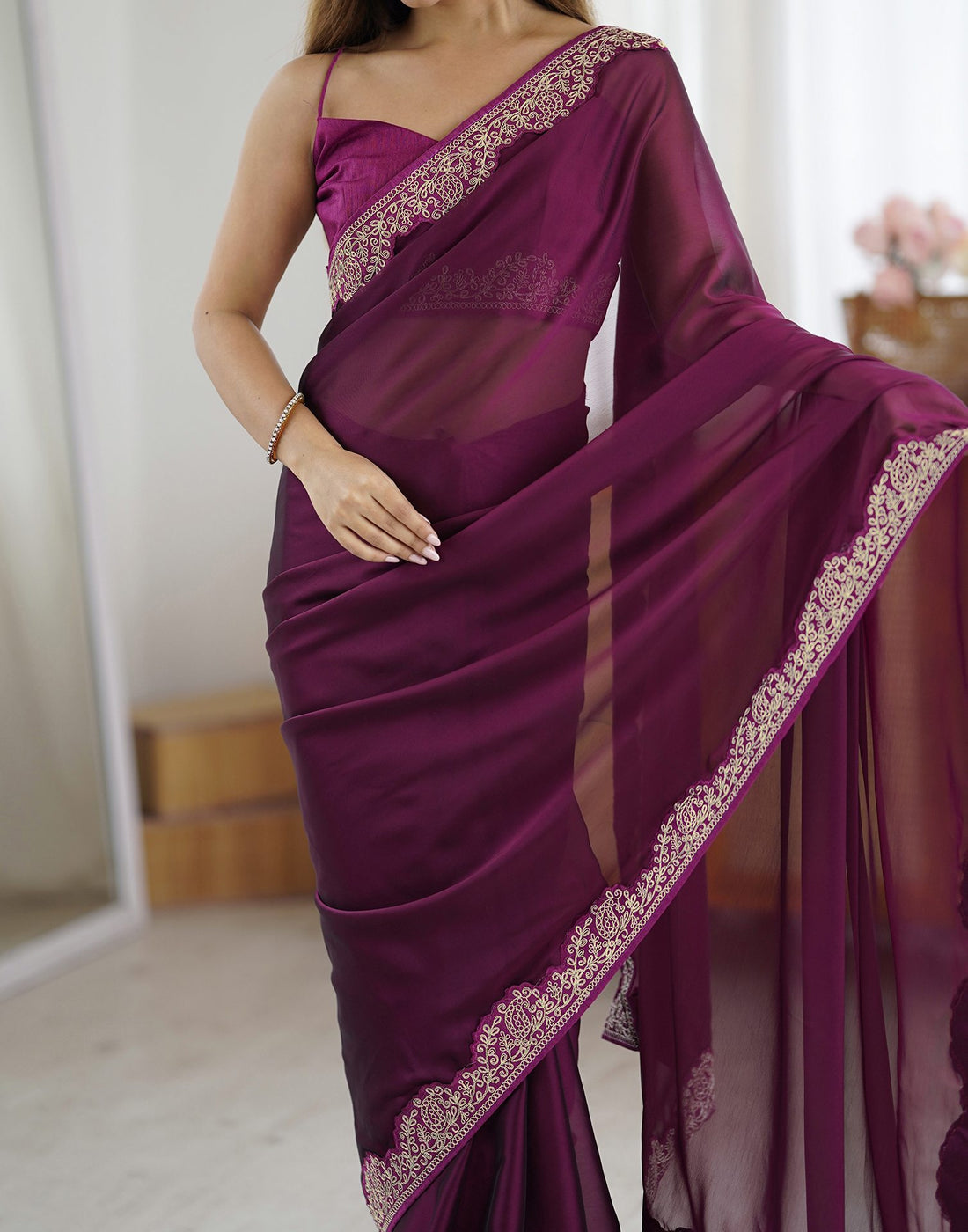 Dark Wine Silk Saree with Lace Work and Matching Blouse Piece