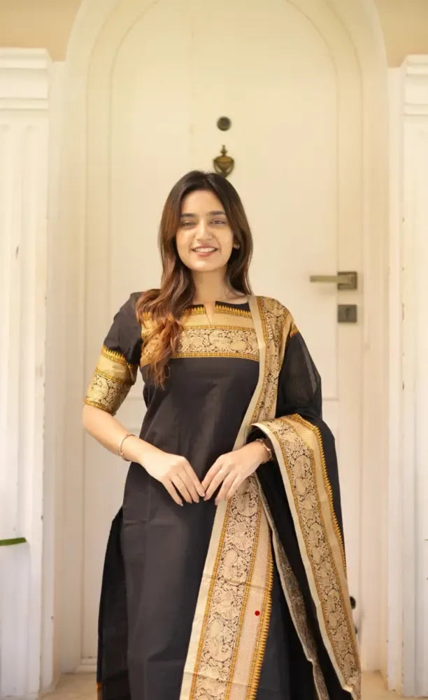 Black Kanchi Cotton Kurta Set with Dupatta