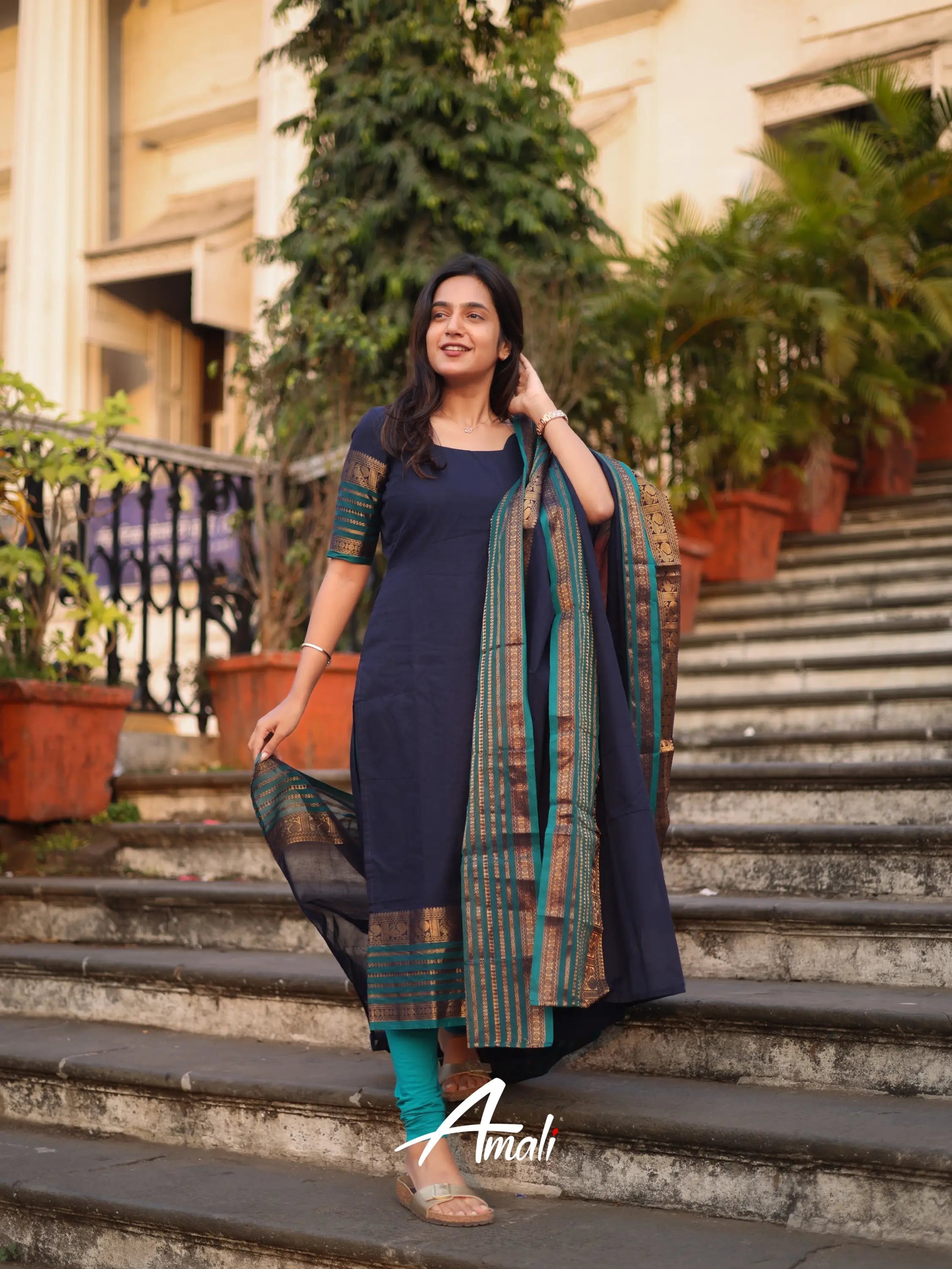 Navy Blue Kanchi Cotton Kurti with Designer Dupatta