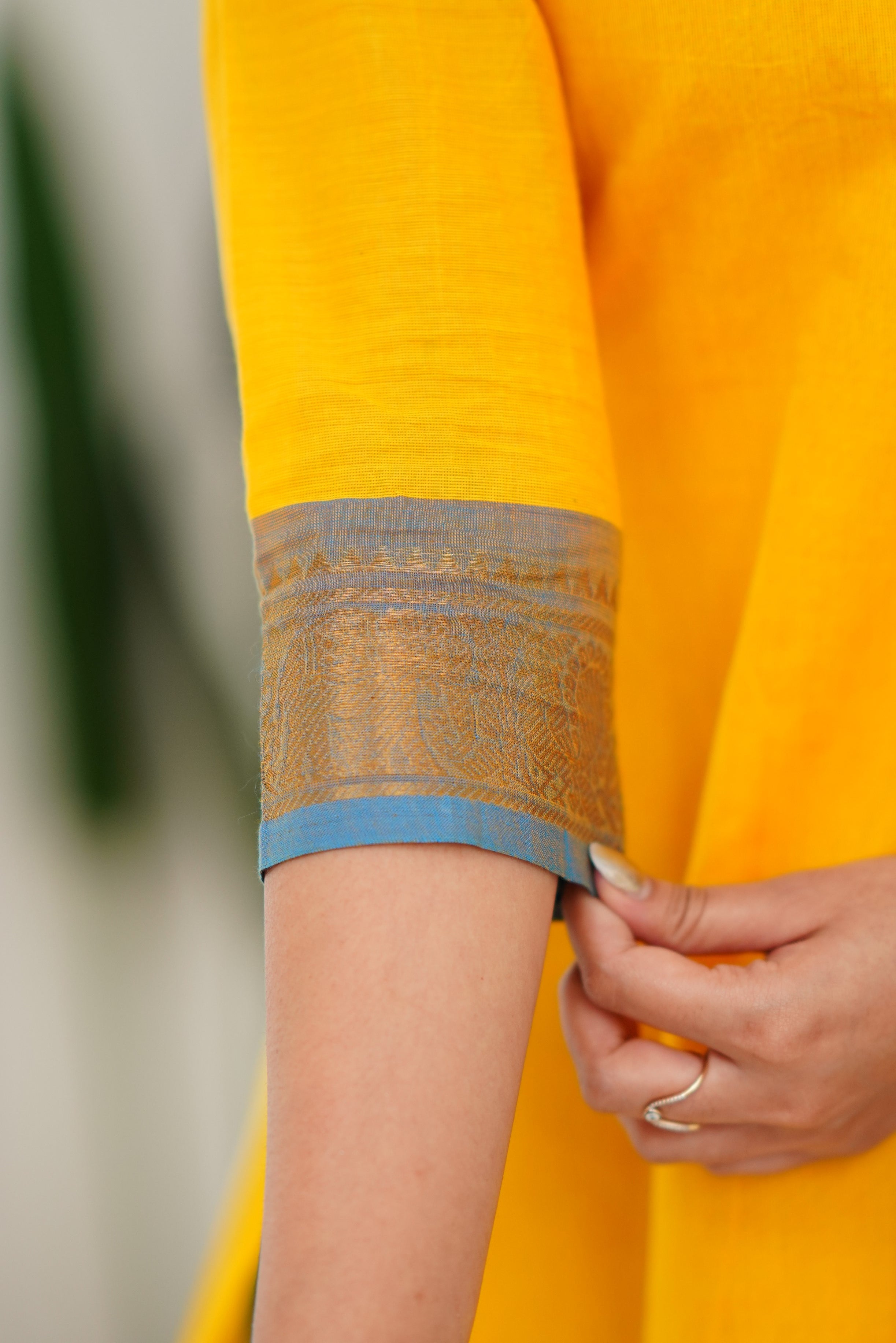 Bright Yellow Kanchi Cotton Kurti with Sky Blue Zari Dupatta