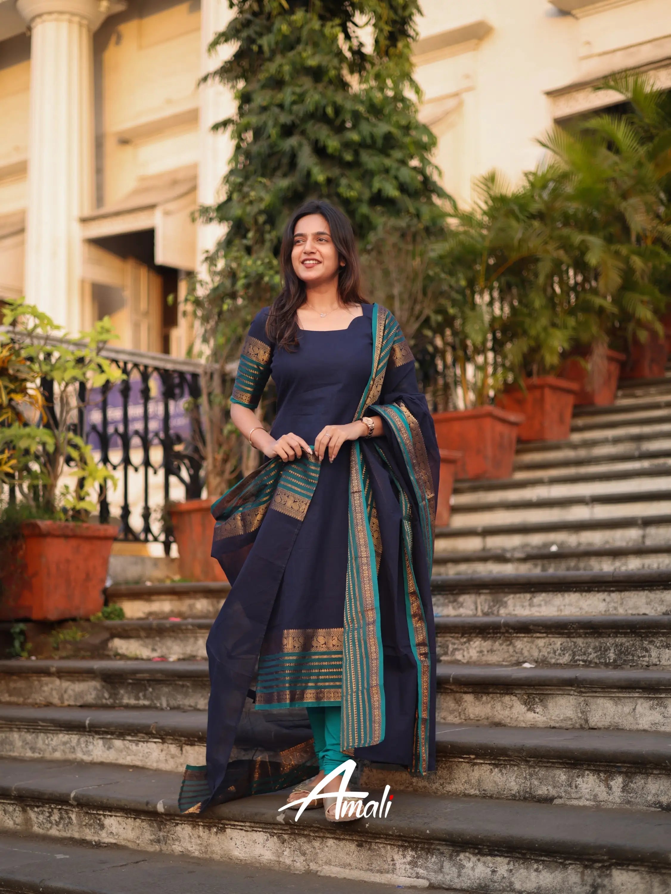 Navy Blue Kanchi Cotton Kurti with Designer Dupatta