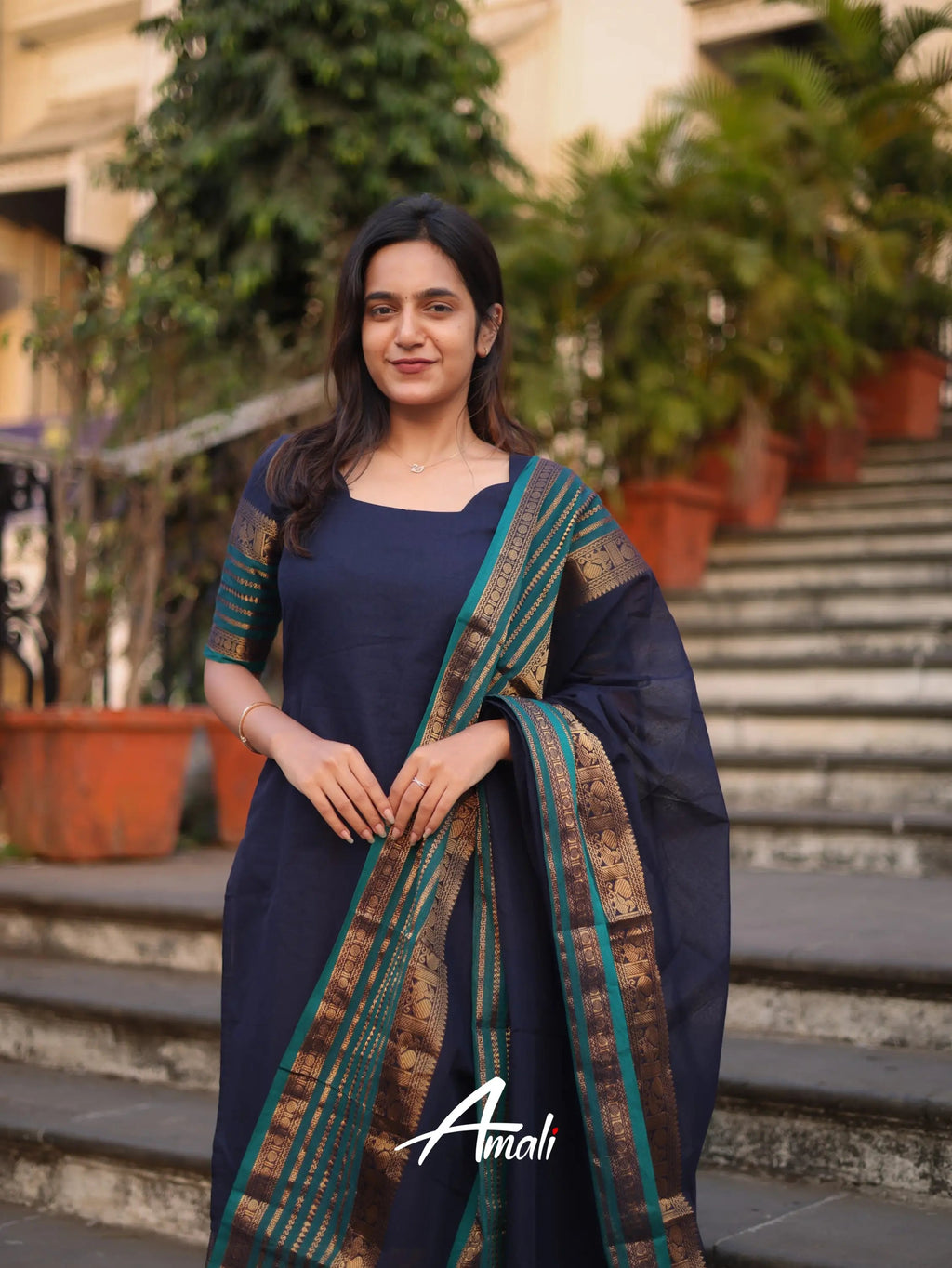 Navy Blue Kanchi Cotton Kurti with Designer Dupatta