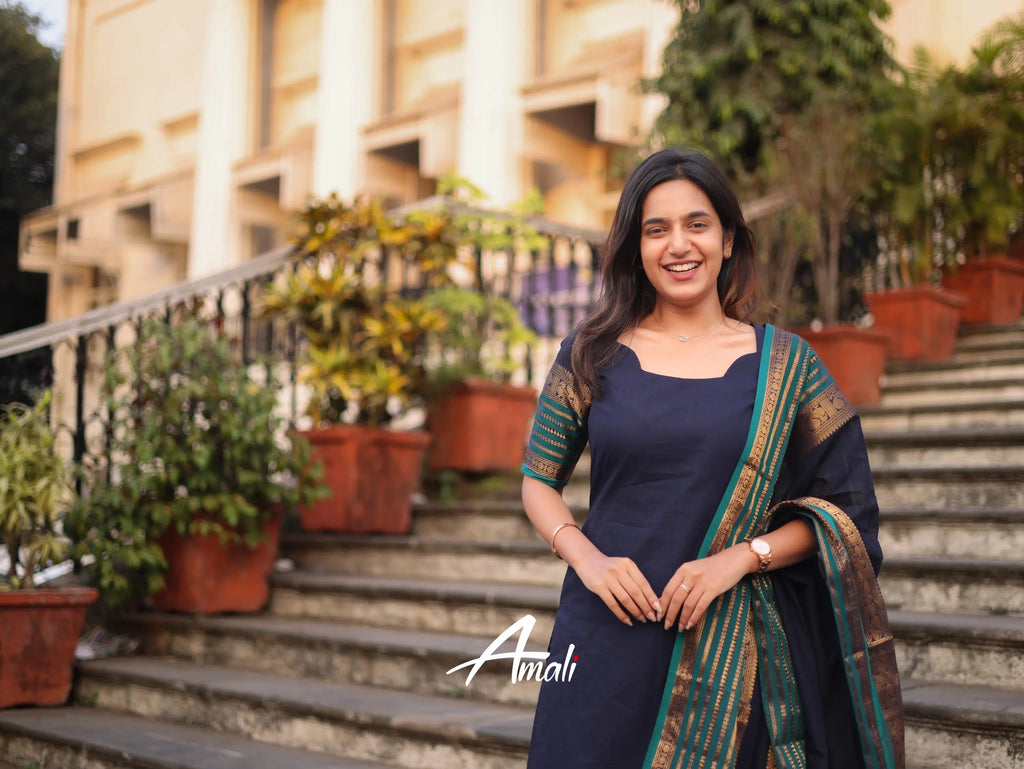 Navy Blue Kanchi Cotton Kurti with Designer Dupatta